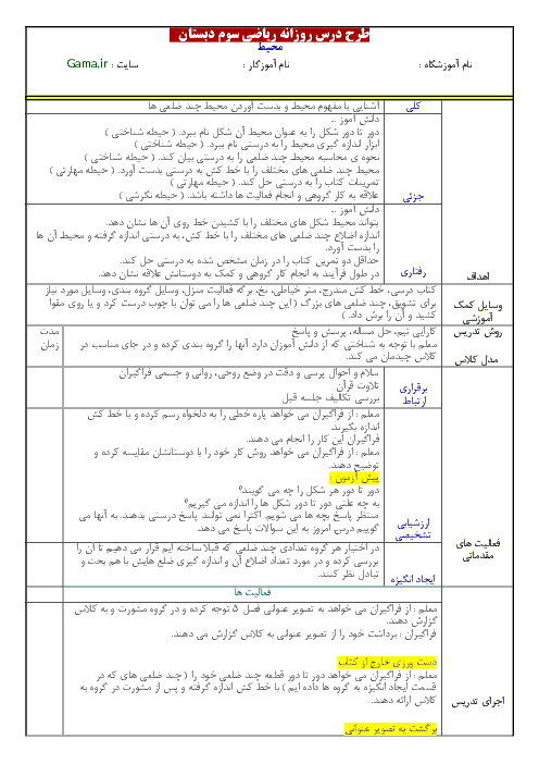 طرح درس ریاضی سوم دبستان | محیط