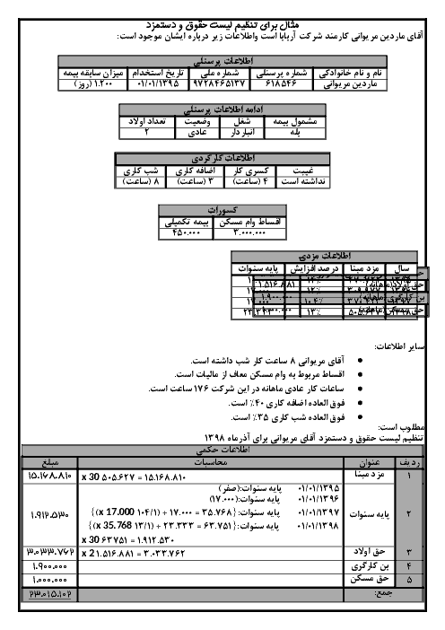 مثال با حل تشریحی درباره تنظیم لیست حقوق و دستمزد