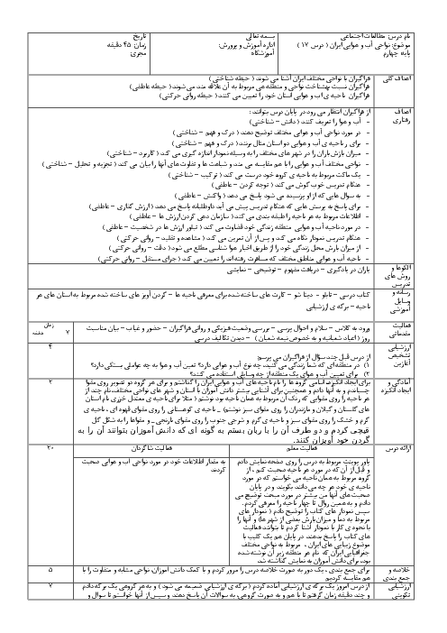 طرح درس روزانه مطالعات اجتماعی چهارم دبستان | درس 17: نواحی آب و هوایی ایران