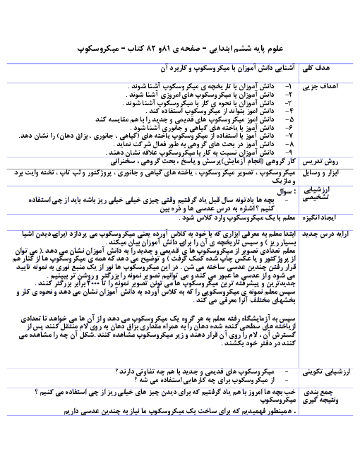 طرح درس روزانه علوم ششم ابتدائی | درس 10: خیلی کوچک، خیلی بزرگ