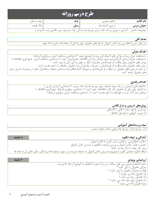 طرح درس روزانه علوم تجربی دوم دبستان | درس 10: درون آشیانه‌ها