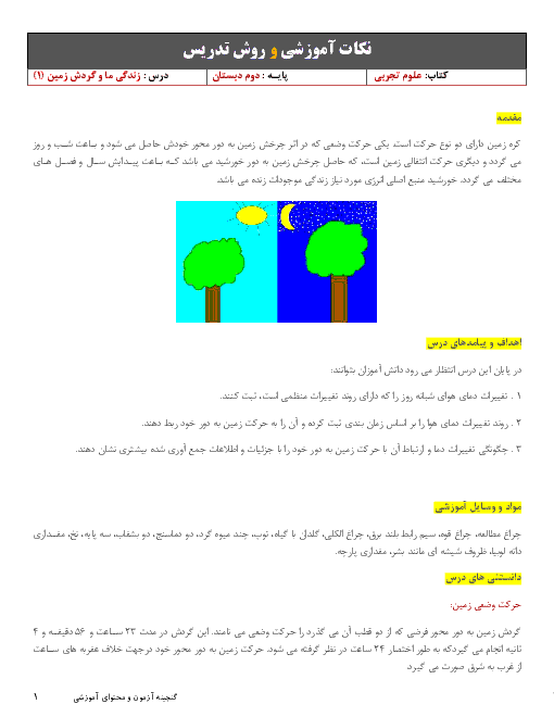 نکات آموزشی و روش تدریس علوم تجربی دوم دبستان | درس 3: زندگی ما و گردش زمین (1)