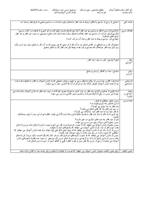 طرح درس روزانه هدیه های آسمانی سوم دبستان | درس 11: عید مسلمانان