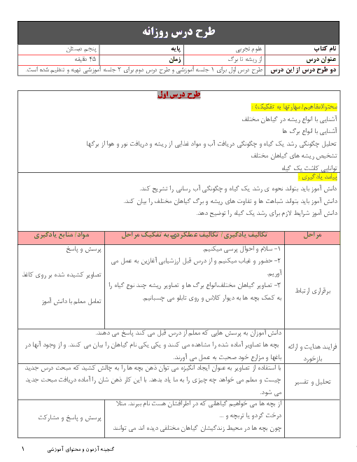 طرح درس روزانه علوم تجربی پنجم دبستان | درس 12: از ریشه تا برگ