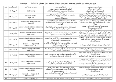 طرح درس سالانه زبان هفتم