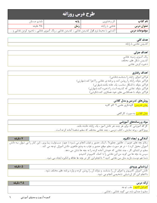 طرح درس روزانه کار و فناوری ششم دبستان | درس 3: نقاشی با رایانه