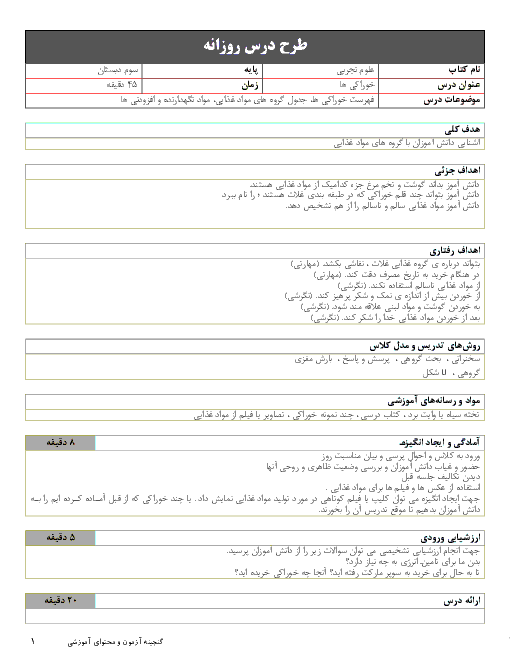 طرح درس روزانه علوم تجربی سوم دبستان | درس 2: خوراکی‌ها