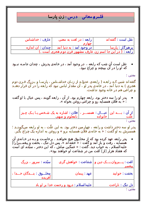 قلمرو معنای واژه ها و متن درس 11: زن پارسا