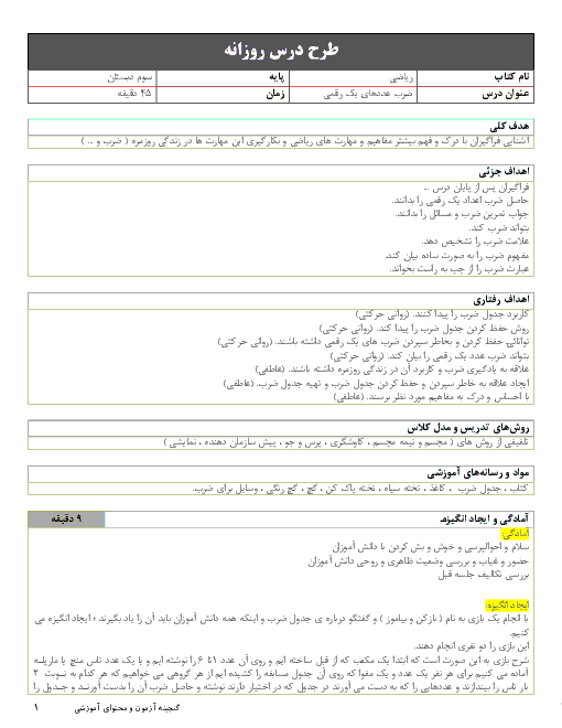 طرح درس روزانه ریاضی سوم دبستان | ضرب عددهای یک رقمی