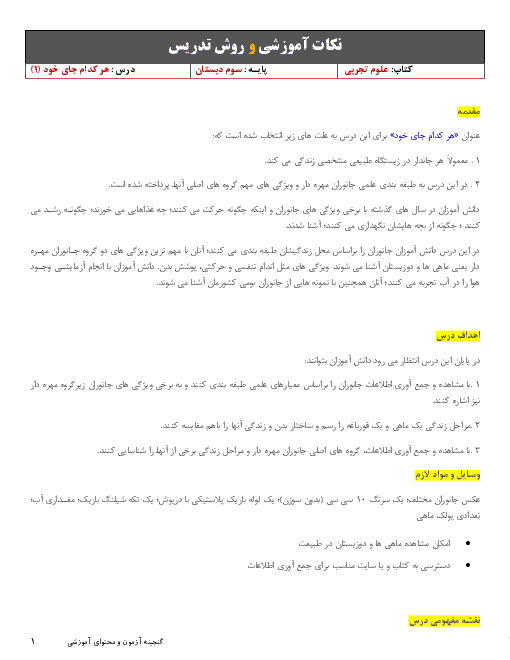 نکات آموزشی و روش تدریس علوم تجربی سوم دبستان | درس 12: هر کدام جای خود (1)