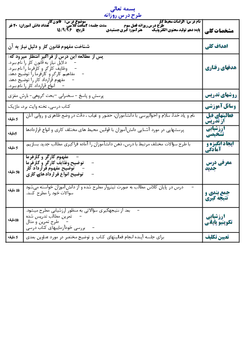 طرح درس الزامات محیط کار پایه دهم هنرستان | فصل 3- محیط و قوانین کار