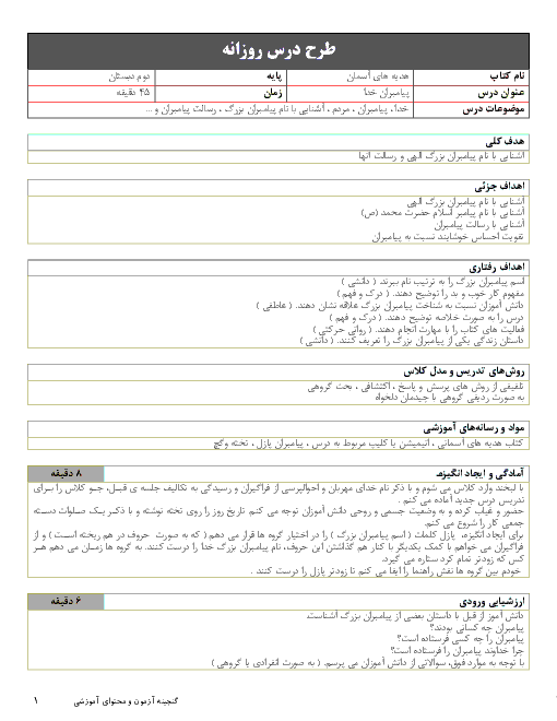 طرح درس روزانه هدیه های آسمانی دوم دبستان | درس 6: پیامبران خدا