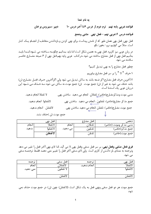 جزوه آموزش قواعد درس 6 تا 10 عربی نهم