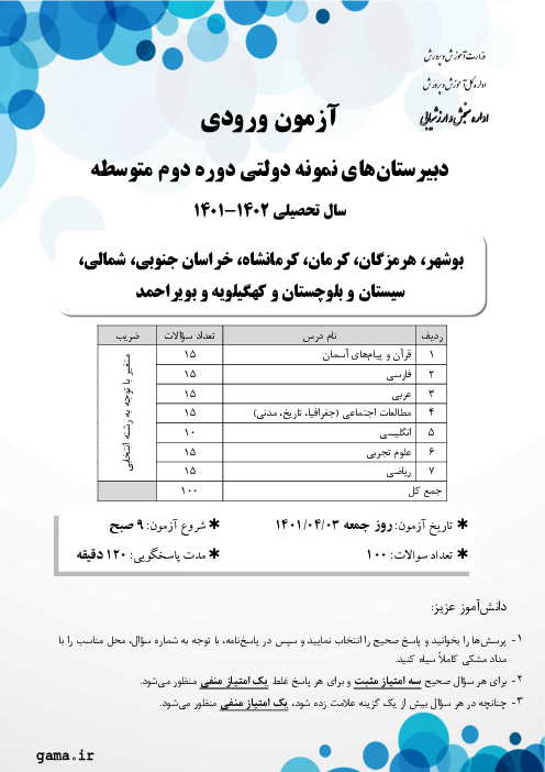 آزمون ورودی پایه دهم مدارس نمونه دولتی دوره دوم متوسطه سال تحصیلی 1402-1401 | استان‌های بوشهر، هرمزگان، کرمان، کرمانشاه، خراسان شمالی و...