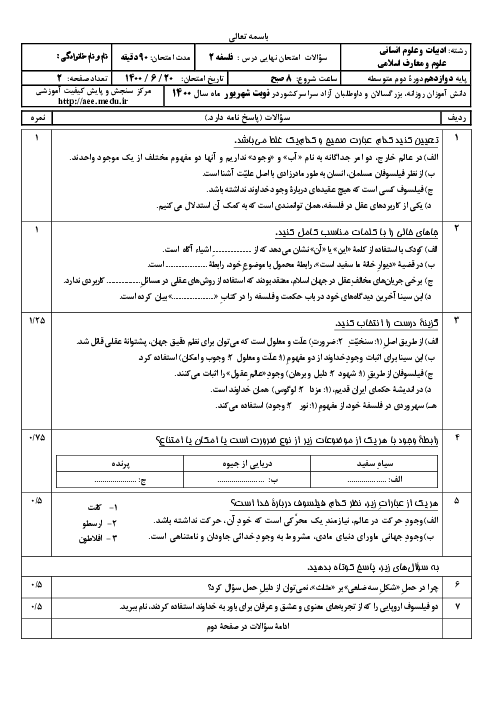 سؤالات امتحان نهایی درس فلسفه (2) دوازدهم انسانی و معارف | نوبت شهریور 1400