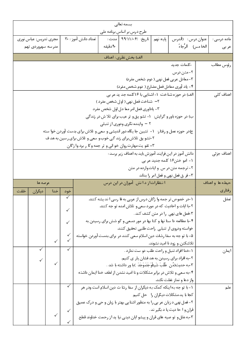 طرح درس روزانه عربی نهم | درس 5: اَلرَّجاءُ