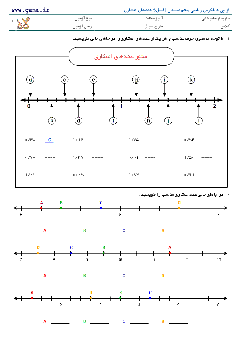 آزمون عملکردی ریاضی پنجم دبستان | نمایش اعداد اعشاری روی محور
