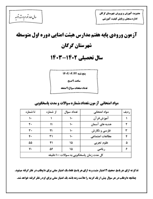 آزمون ورودی پایه هفتم مدارس هیئت امنایی دوره اول متوسطه شهرستان گرگان سال تحصیلی 1402-1403