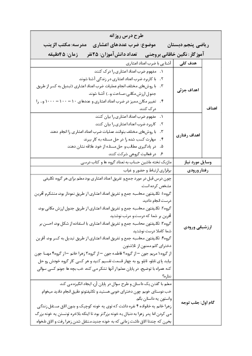 طرح درس روزانه فصل پنجم ریاضی پنجم | درس 4: ضرب عددهای اعشاری