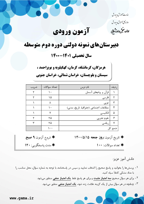 آزمون ورودی پایه دهم مدارس نمونه دولتی دوره دوم متوسطه سال تحصیلی 1401-1400 | استان‌های هرمزگان، کرمانشاه، کرمان و...
