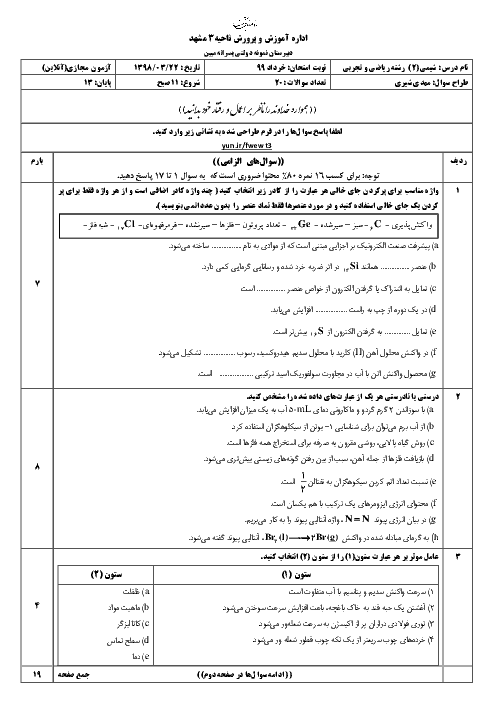آزمون نوبت دوم شیمی (2) یازدهم دبیرستان نمونه دولتی مبین | خرداد 1399