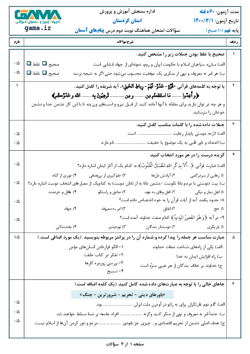 سؤالات امتحان هماهنگ پیام‌های آسمان پایه نهم استان کردستان | خرداد 1400