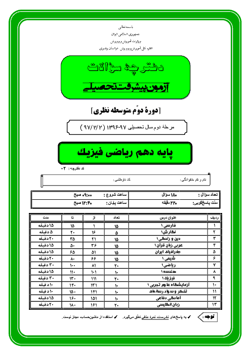 سوالات آزمون پیشرفت تحصیلی پایه دهم رشته ریاضی استان خراسان رضوی + پاسخ کلیدی | مرحله دوم (اردیبهشت 97)