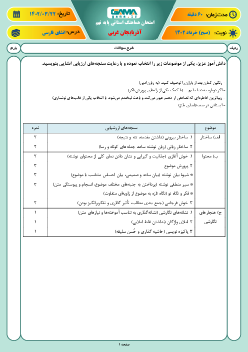 امتحان هماهنگ استانی خرداد 1402 انشای فارسی پایه نهم استان آذربایجان غربی