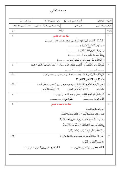 نمونه سوال امتحان درس 1 عربی دوازدهم انسانی | اَلدَّرْسُ الاول: من الاشعار المنسوبه الی الامام علی (ع)