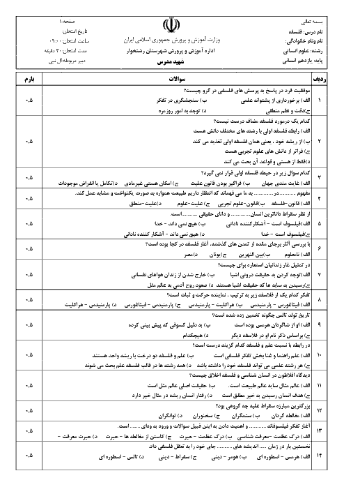 آزمون تستی فلسفه یازدهم دبیرستان شهید مدرس | درس ۱ تا 5 + کلید