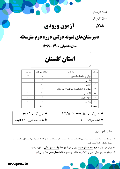 سوالات آزمون ورودی پایه دهم دبیرستان های نمونه دولتی سال تحصیلی 1400-1399 | استان گلستان