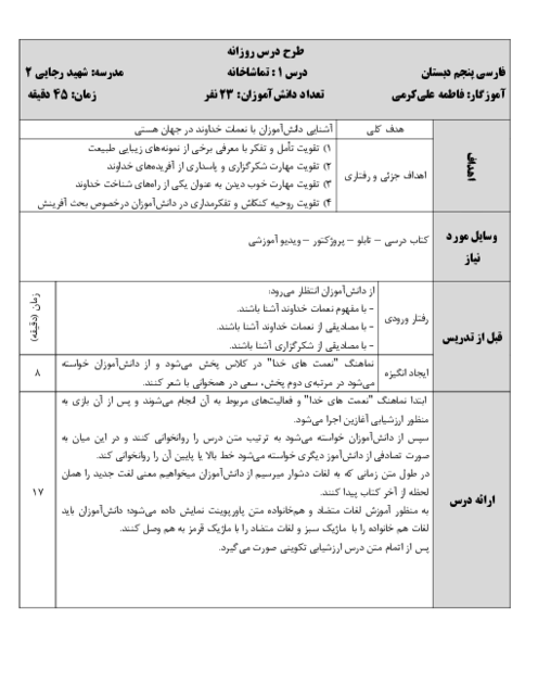طرح درس روزانه فارسی پایه پنجم | درس 1: تماشاخانه