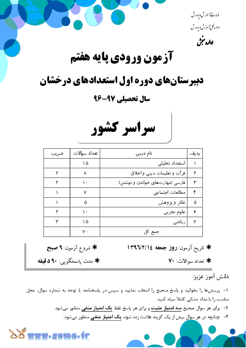 آزمون ورودی پایه هفتم دبیرستان های دوره اول استعدادهای درخشان سراسر کشور  با پاسخنامۀ تشریحی | سال تحصیلی 97-96