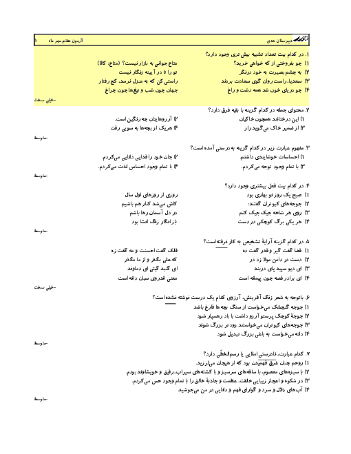 آزمون جامع علمی دانش آموزان پایه هفتم مدرسه قرآنی هدی بابل | مهر ماه  + پاسخ تشریحی