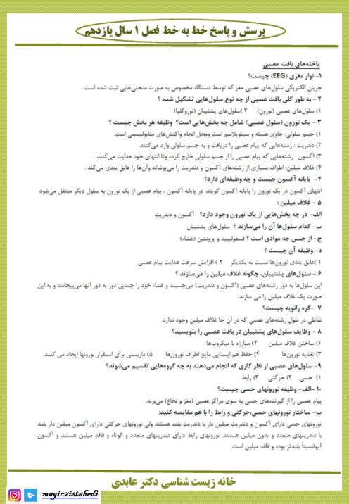 پرسش و پاسخ خط به خط زیست شناسی (2) یازدهم |  فصل 1: تنظیم عصبی