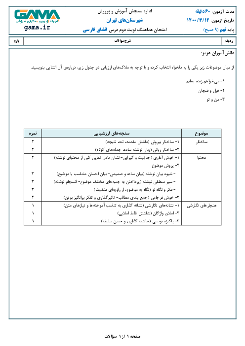 امتحان هماهنگ انشای فارسی پایه نهم شهرستان‌های تهران | خرداد 1400