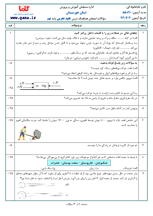 سؤالات و پاسخنامه امتحان هماهنگ استانی نوبت دوم خرداد ماه 96 درس علوم تجربی پایه نهم | استان خوزستان