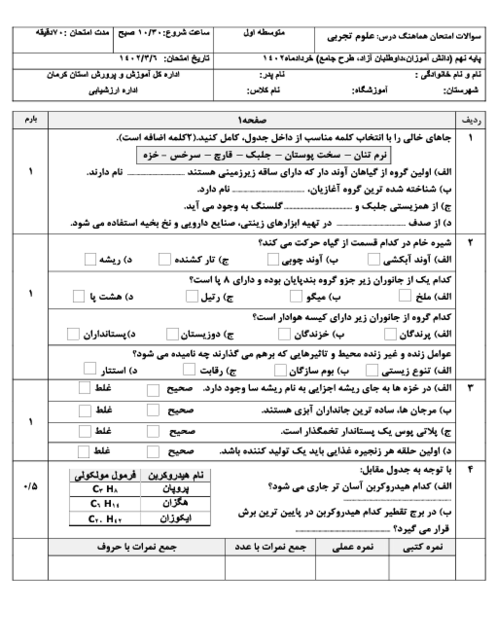 امتحان هماهنگ خرداد 1402 علوم تجربی پایه نهم استان کرمان