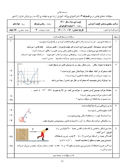 سوالات امتحان نهایی فیزیک (3) دوازدهم ریاضی مدارس خارج از کشور | دی 1400 (نوبت صبح و عصر)
