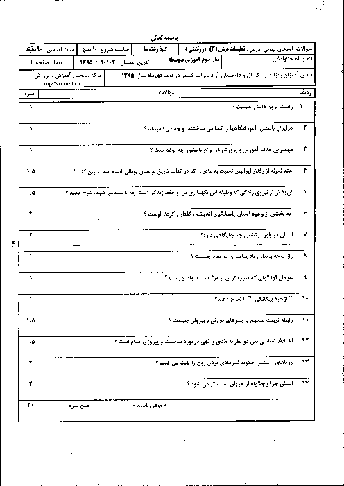 سوالات و پاسخ تشریحی امتحان نهایی درس تعلیمات دینی و قرآن (3) زرتشتی سوم متوسطه | دی ماه 1395