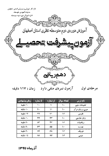 سوالات و پاسخ کلیدی آزمون پیشرفت تحصیلی پایه دهم رشته ریاضی استان اصفهان | مرحله اول (آذر 97)