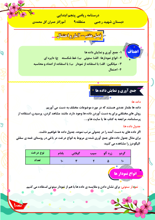 جزوه ریاضی هفتم فصل 7: آمار و احتمال