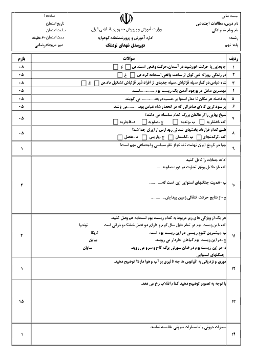 سوالات امتحان نوبت اول مطالعات اجتماعی نهم  دبیرستان شهدای تودشک | دیماه 95