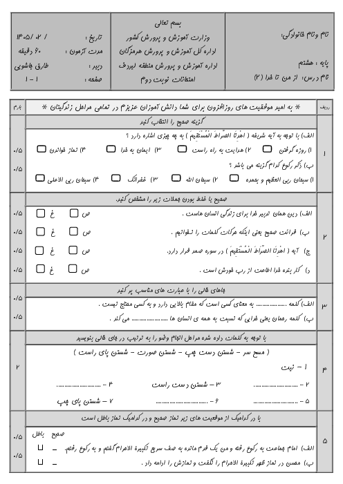 نمونه سوال از من تا خدا هشتم نوبت دوم خرداد 1405 مدرسه تدبیر