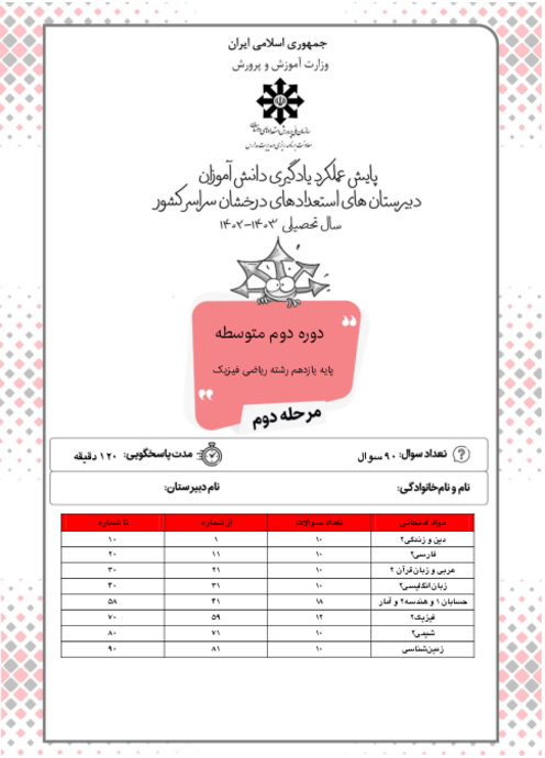 آزمون پایش عملکرد یادگیری دانش آموزان پایه یازدهم ریاضی مدارس سمپاد | مرحله دوم (اردیبهشت 1403)