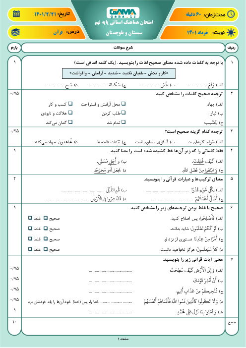 امتحان هماهنگ نوبت دوم قرآن پایه نهم استان سیستان و بلوچستان | خرداد 1401