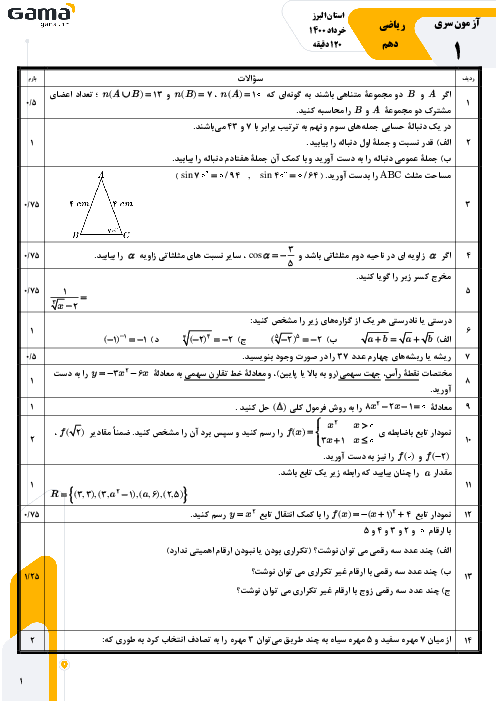 کلید طلایی نمره 20 در امتحان هماهنگ کشوری ریاضی دهم