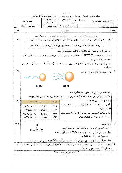 امتحان نهایی شیمی (3) دوازدهم مدارس خارج از کشور | شهریور 1400 (نوبت صبح)