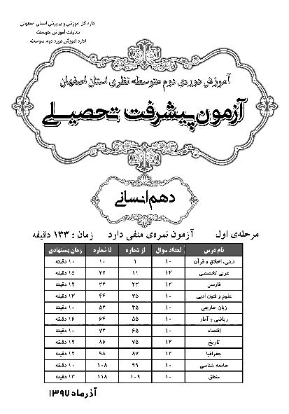 سوالات و پاسخ کلیدی آزمون پیشرفت تحصیلی پایه دهم رشته انسانی استان اصفهان | مرحله اول (آذر 97)