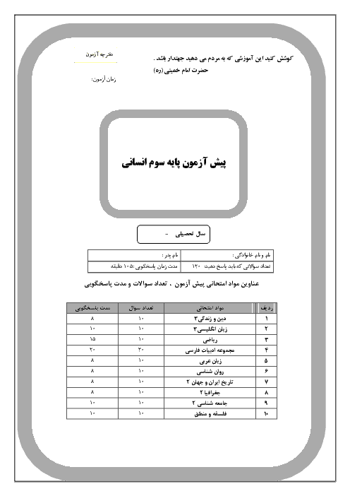 آزمون آزمایشی اختصاصی علوم انسانی | آمادگی کنکور 1395